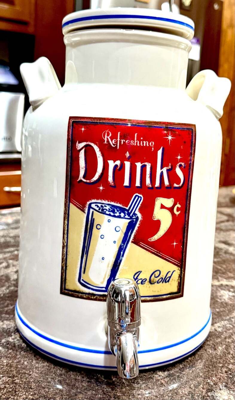 Vtg Style Ceramic Beverage Dispenser w/ 'Refreshing Drinks 5 Cent' Retro Graphic